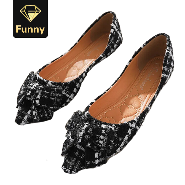 2021 High quality Women Bowknot Shoes Pointed Toe Cloth Fabric Ballerina Plaid Shoes Ladies Comfortable Flat