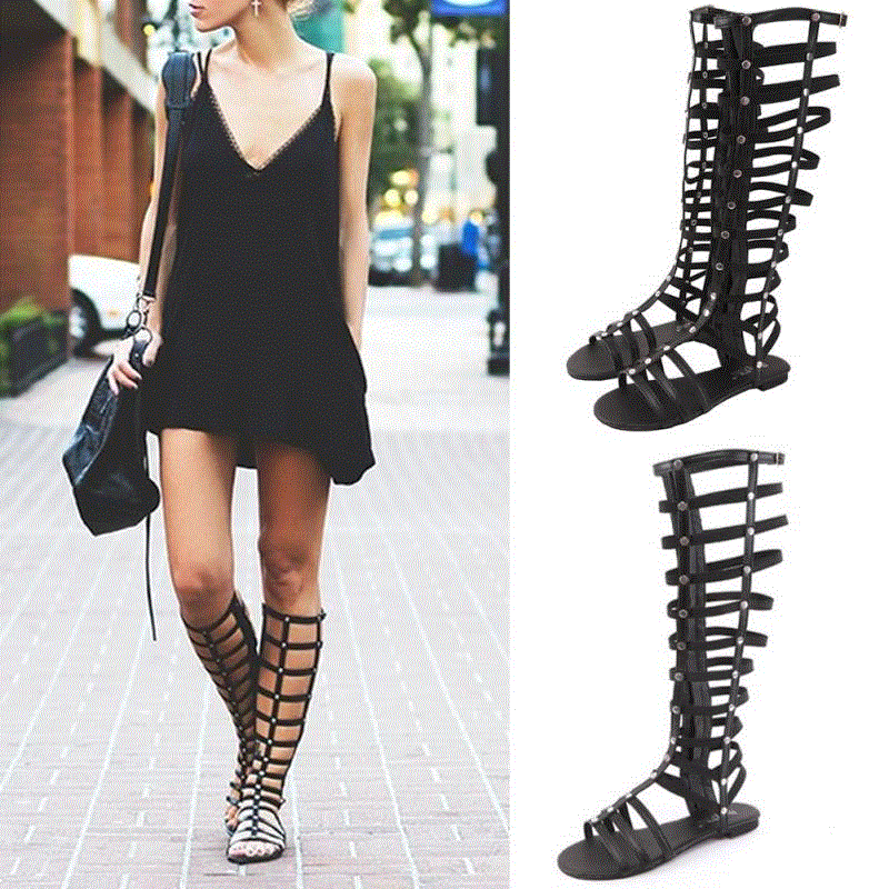 2021 High quality Women Sandals Strappy Flat Knee High Zip Up Boots Hollow-out Sandals