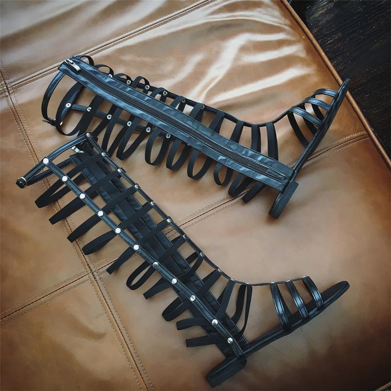 2021 High quality Women Sandals Strappy Flat Knee High Zip Up Boots Hollow-out Sandals