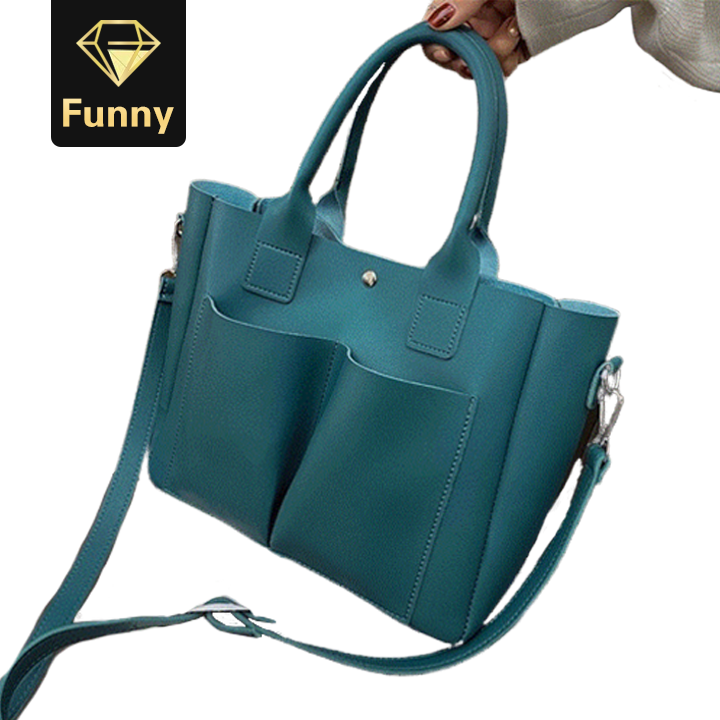 2021 High quality 2PCS Large Capacity Ladies Tote Bag Blue Leather Shoulder Bags Fashion  Woman Handbag