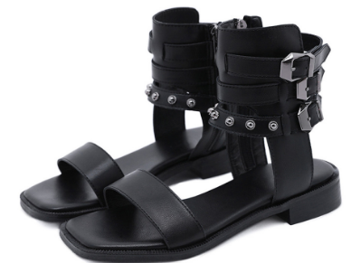 2021 High quality Black Rivet Women Sandals Woman Low Block Heel Sandals Rome Style Ankle Wrap High Quality