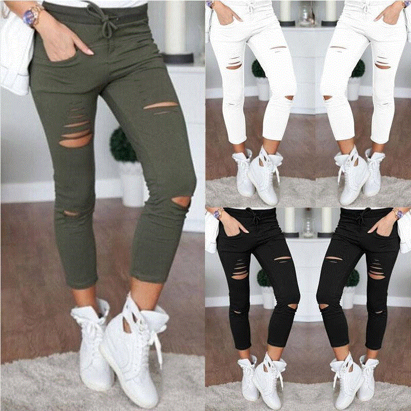 2021 High quality Women Fashion High Waisted Stretchy Skinny Broken Hole Pencil Pants Solid Color Trousers Womens