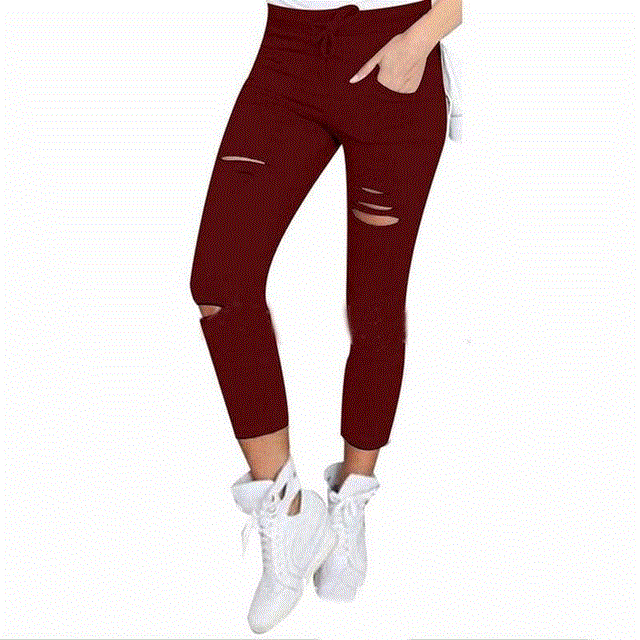 2021 High quality Women Fashion High Waisted Stretchy Skinny Broken Hole Pencil Pants Solid Color Trousers Womens
