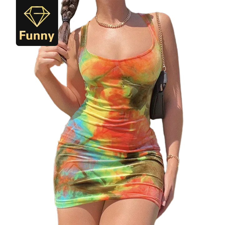sleveless tie dye bodycon sexy mini dress summer women fashion streetwear outfits sundress