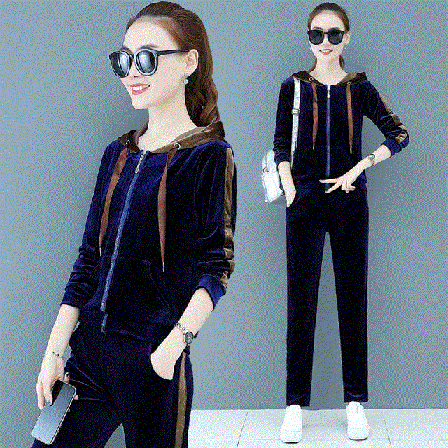 Women 2 Piece Sets Velvet Casual Spliced Outfit Elegant Ladies Zipper Lace Up Hooded Coat Tracksuit Straight Leg Pants Suits