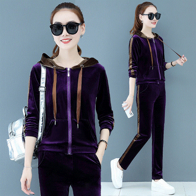 Women 2 Piece Sets Velvet Casual Spliced Outfit Elegant Ladies Zipper Lace Up Hooded Coat Tracksuit Straight Leg Pants Suits