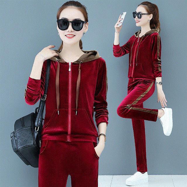 Women 2 Piece Sets Velvet Casual Spliced Outfit Elegant Ladies Zipper Lace Up Hooded Coat Tracksuit Straight Leg Pants Suits