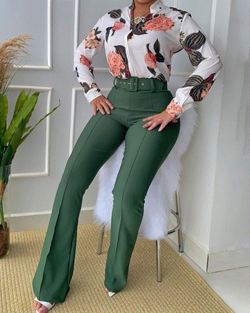 Elegant INS Women Set Floral Long Sleeve Shirts and Straight Pants Suit ...