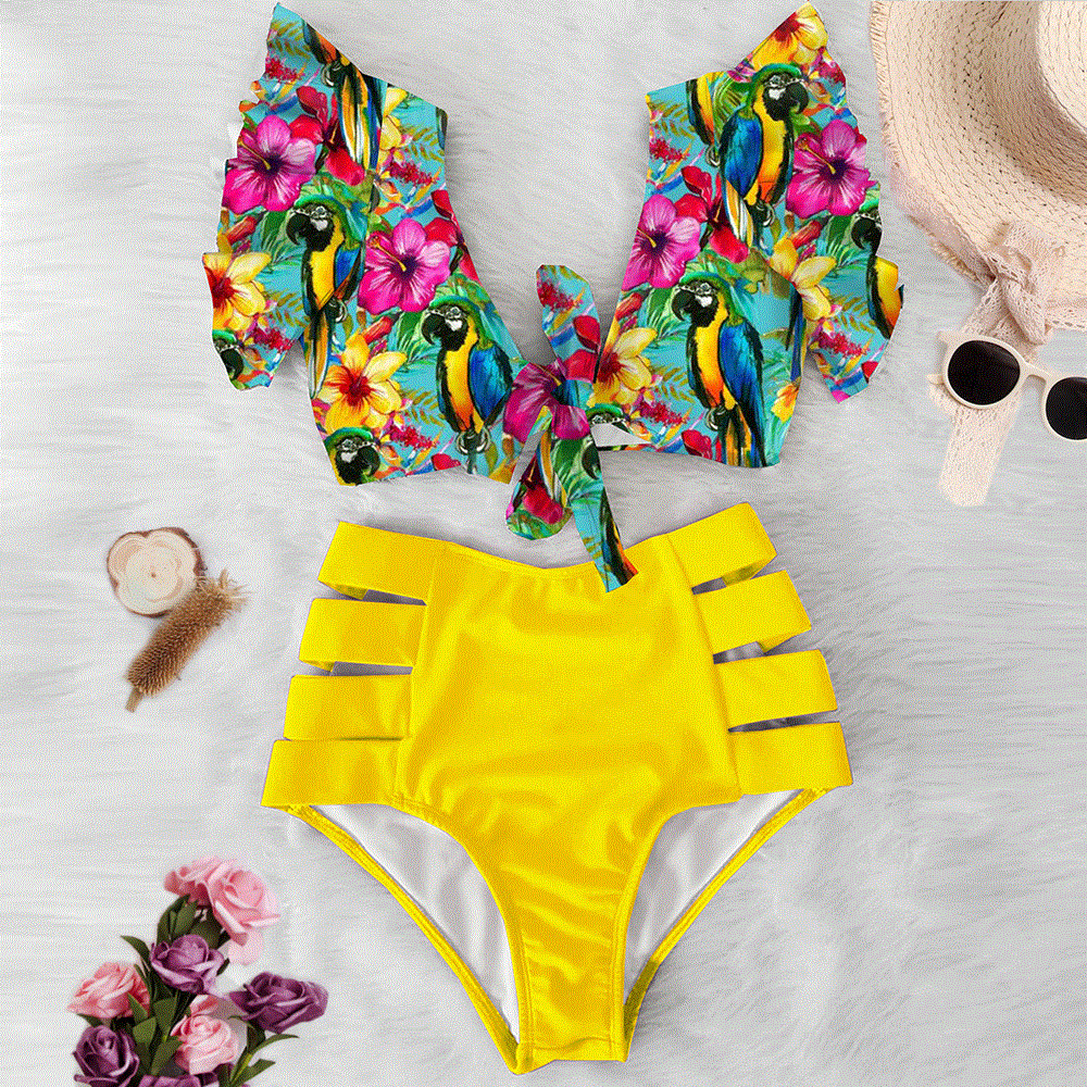 Sexy Bikinis  Shoulder Ruffle Bikini Set High Waist Swimwear Women Swimsuit V-Neck Bathing Suit
