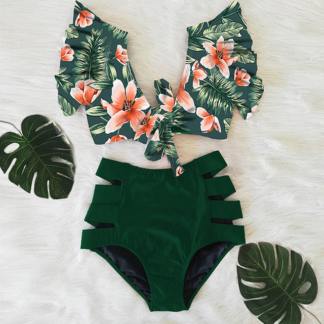 Sexy Bikinis  Shoulder Ruffle Bikini Set High Waist Swimwear Women Swimsuit V-Neck Bathing Suit