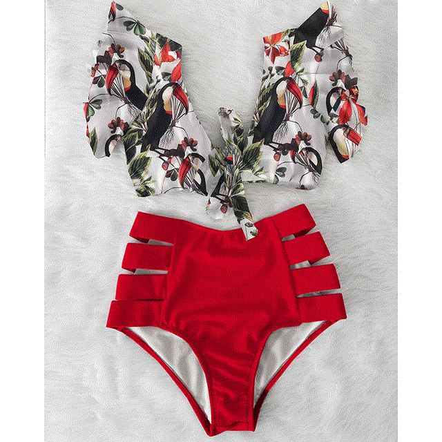 Sexy Bikinis  Shoulder Ruffle Bikini Set High Waist Swimwear Women Swimsuit V-Neck Bathing Suit