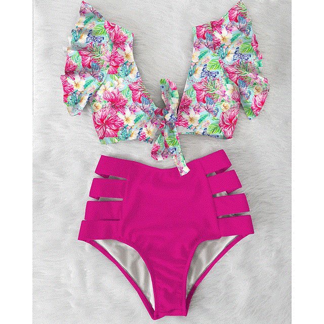 Sexy Bikinis  Shoulder Ruffle Bikini Set High Waist Swimwear Women Swimsuit V-Neck Bathing Suit