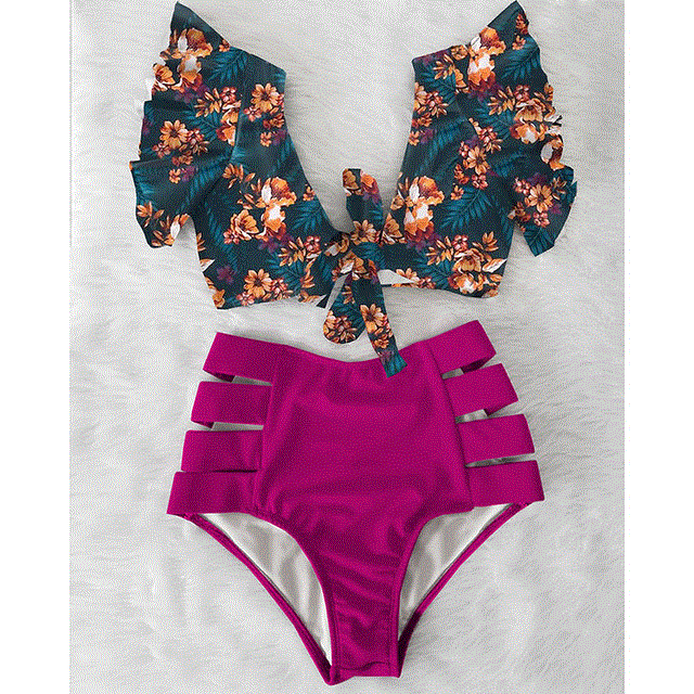 Sexy Bikinis  Shoulder Ruffle Bikini Set High Waist Swimwear Women Swimsuit V-Neck Bathing Suit