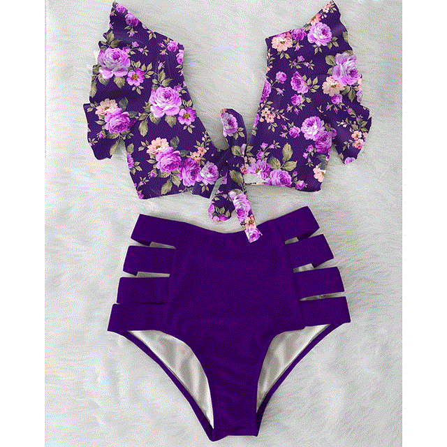 Sexy Bikinis  Shoulder Ruffle Bikini Set High Waist Swimwear Women Swimsuit V-Neck Bathing Suit