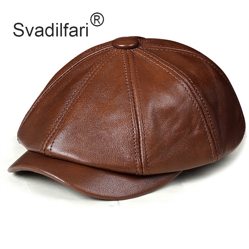 2021 High quality Genuine Leather Hat Autumn Men's Cowhide Leather Beret Elegant Fashion Student Tongue Cap