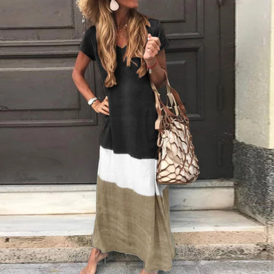 2021 High quality Fashion Women Daily Tie-dyed Loose V Neck Short Sleeve Long Dresses Female Dress