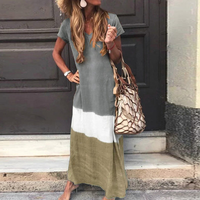 2021 High quality Fashion Women Daily Tie-dyed Loose V Neck Short Sleeve Long Dresses Female Dress