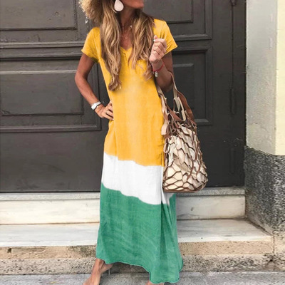 2021 High quality Fashion Women Daily Tie-dyed Loose V Neck Short Sleeve Long Dresses Female Dress