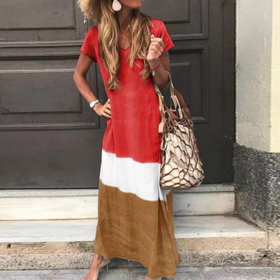 2021 High quality Fashion Women Daily Tie-dyed Loose V Neck Short Sleeve Long Dresses Female Dress