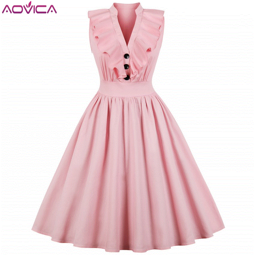 2021 High quality Elegant Ruffle Pleated Summer Dress Women Sexy V Neck Vintage Robe Pink Dresses Pinup Party dress
