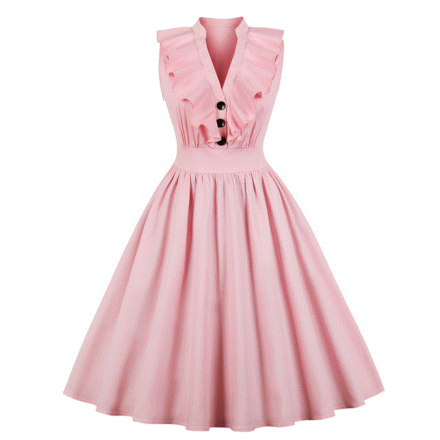 2021 High quality Elegant Ruffle Pleated Summer Dress Women Sexy V Neck Vintage Robe Pink Dresses Pinup Party dress