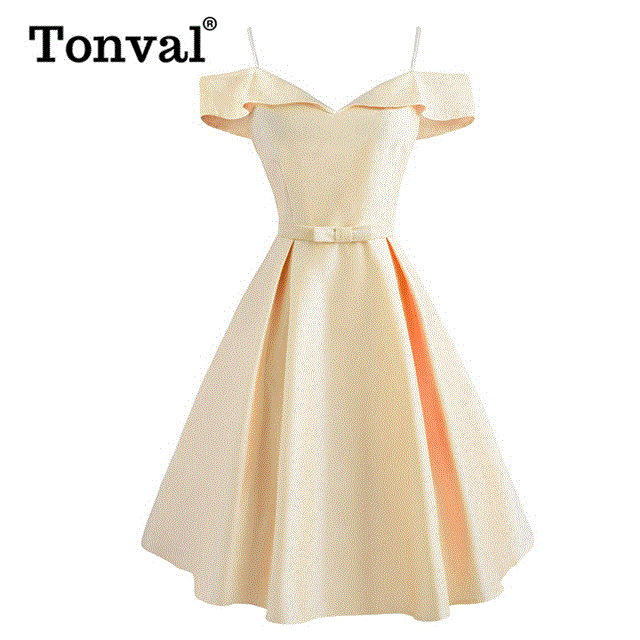 2021 High quality Vintage Silky  Bow Front Cold Shoulder Solid Dress Spaghetti Strap Elegant Ladies Party Dresses