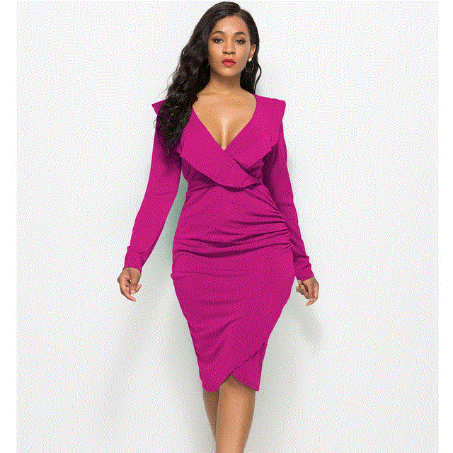 2021 High quality Sexy Ruffles Long Sleeve Summer Dress Women Plus Size Slim Bodycon Party Dress