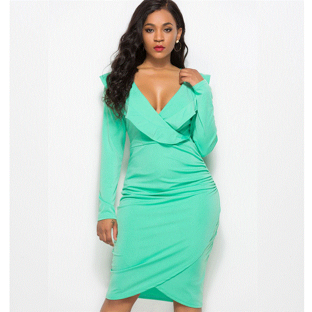 2021 High quality Sexy Ruffles Long Sleeve Summer Dress Women Plus Size Slim Bodycon Party Dress