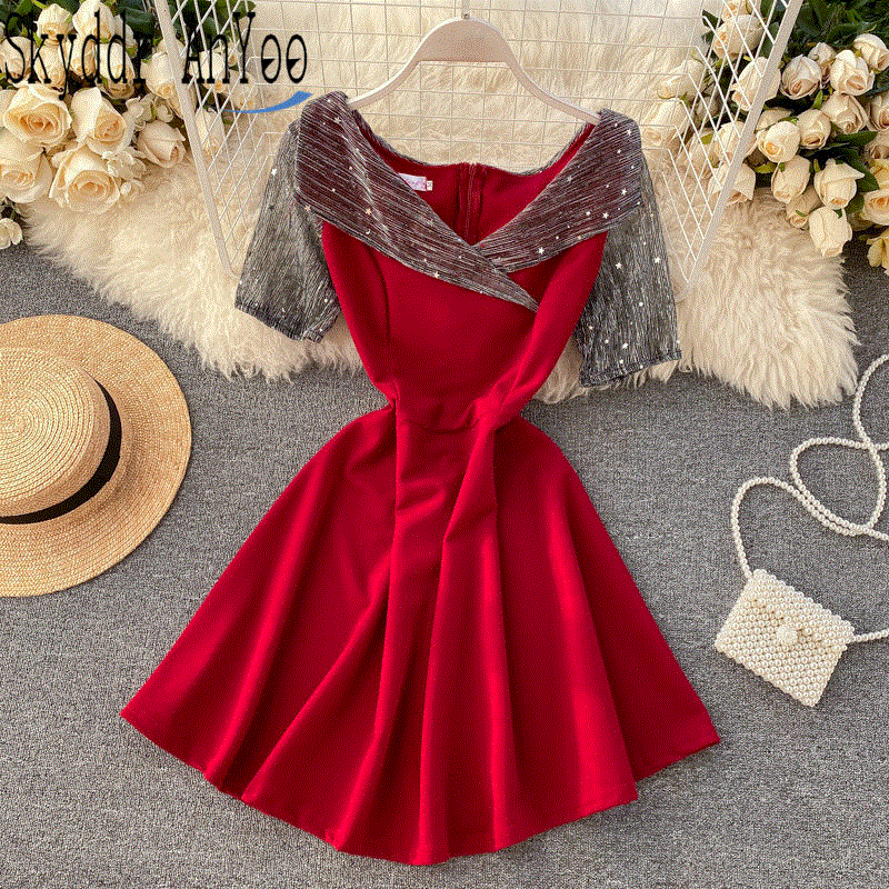 2021 High quality Summer Women Red Party Dress Bright Silk Patchwork Short Sleeve Elegant Ladies Dinner Dress