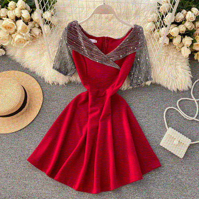 2021 High quality Summer Women Red Party Dress Bright Silk Patchwork Short Sleeve Elegant Ladies Dinner Dress