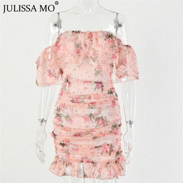 2021 High quality Floral Print Sexy Summer Boho Dress Women Off Shoulder Body Mini Dress Elegant Ruffles Beach dress