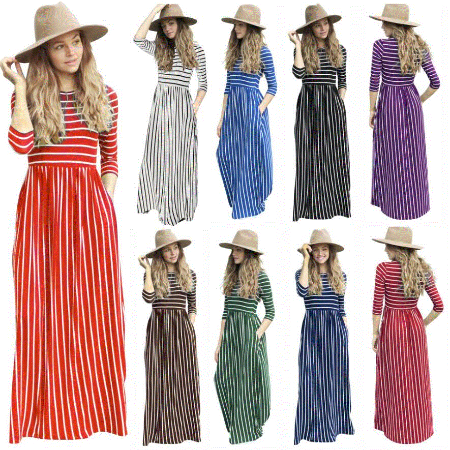 2021 High quality New Elegant Women Long Dress Striped Splice Maxi Dress Pocket Swing Loose Dress High Stretch dress
