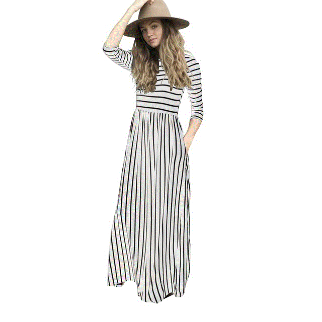 2021 High quality New Elegant Women Long Dress Striped Splice Maxi Dress Pocket Swing Loose Dress High Stretch dress