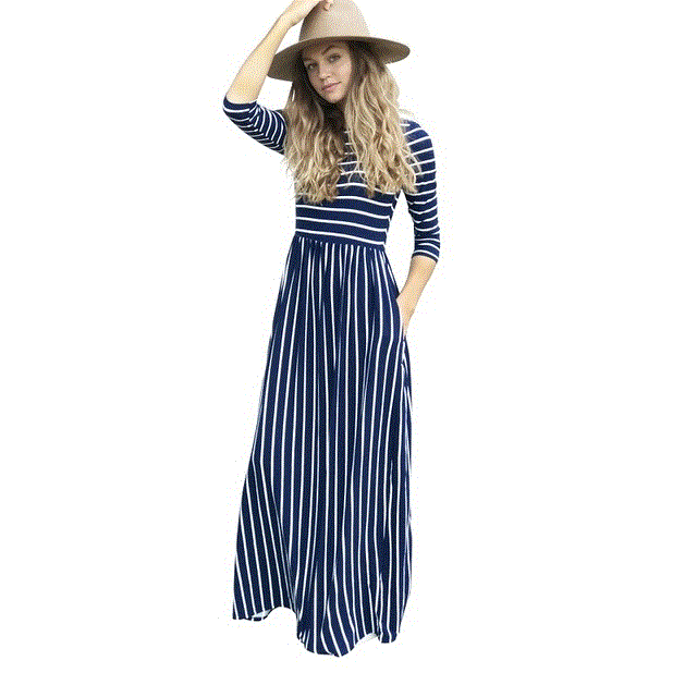 2021 High quality New Elegant Women Long Dress Striped Splice Maxi Dress Pocket Swing Loose Dress High Stretch dress