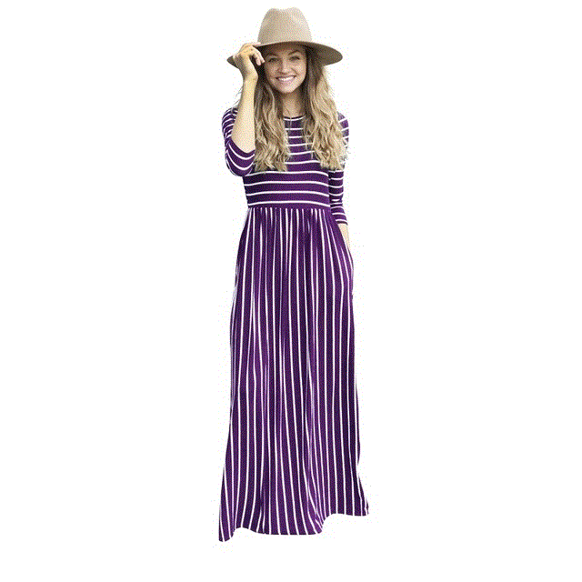 2021 High quality New Elegant Women Long Dress Striped Splice Maxi Dress Pocket Swing Loose Dress High Stretch dress