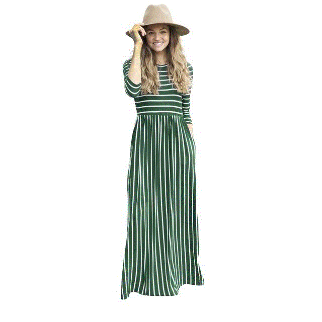 2021 High quality New Elegant Women Long Dress Striped Splice Maxi Dress Pocket Swing Loose Dress High Stretch dress