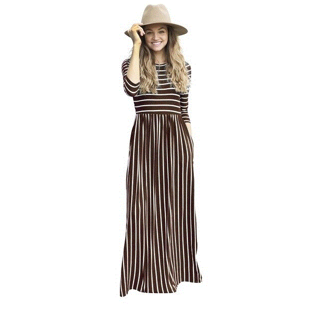 2021 High quality New Elegant Women Long Dress Striped Splice Maxi Dress Pocket Swing Loose Dress High Stretch dress