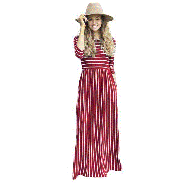 2021 High quality New Elegant Women Long Dress Striped Splice Maxi Dress Pocket Swing Loose Dress High Stretch dress
