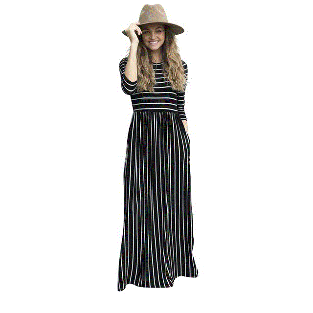 2021 High quality New Elegant Women Long Dress Striped Splice Maxi Dress Pocket Swing Loose Dress High Stretch dress