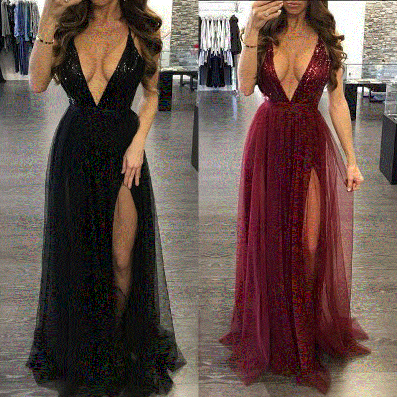 2021 High quality Women's Deep V Neck Sleeveless Elegant Formal Prom Long Maxi Cocktail Party Ball Blackless Dress