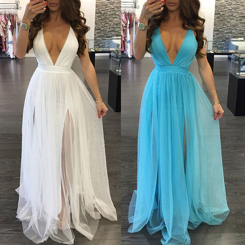 2021 High quality New Sexy  deep V-neck Women Summer Long sexy Evening Party tulle Dress Beach Dresses Sundress