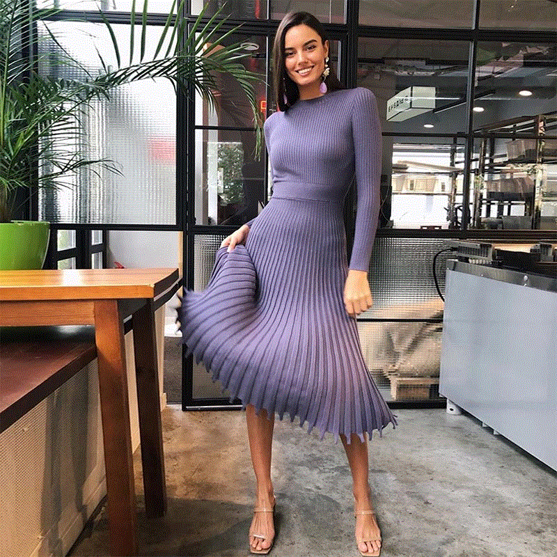 2021 High quality Hook Knitting Pleated Women's Midi Dress High Waist O-neck Elegant Ladies Dresses Fashion dress