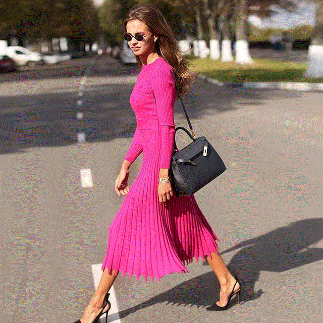 2021 High quality Hook Knitting Pleated Women's Midi Dress High Waist O-neck Elegant Ladies Dresses Fashion dress