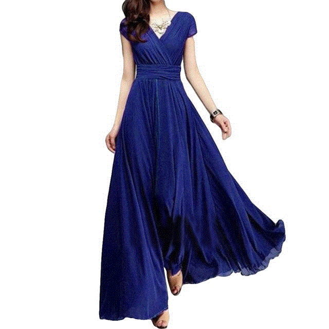 2021 High quality Women Dress Women Party Gown V Neck Short Sleeve Slim Fit Maxi Dress women length  summer dresses