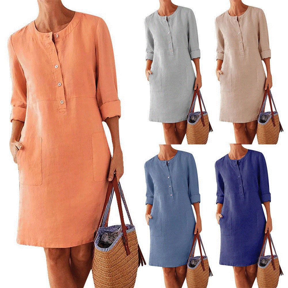 2021 High quality Casual Solid Color Cotton Linen Women Long Sleeve Tunic Kaftan Dress length vestidos summer dresses