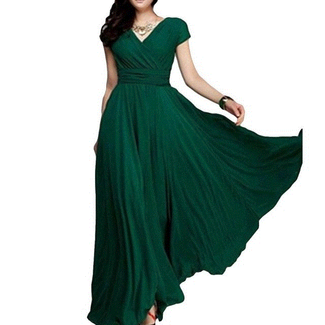 2021 High quality Women Dress Women Party Gown V Neck Short Sleeve Slim Fit Maxi Dress women length  summer dresses