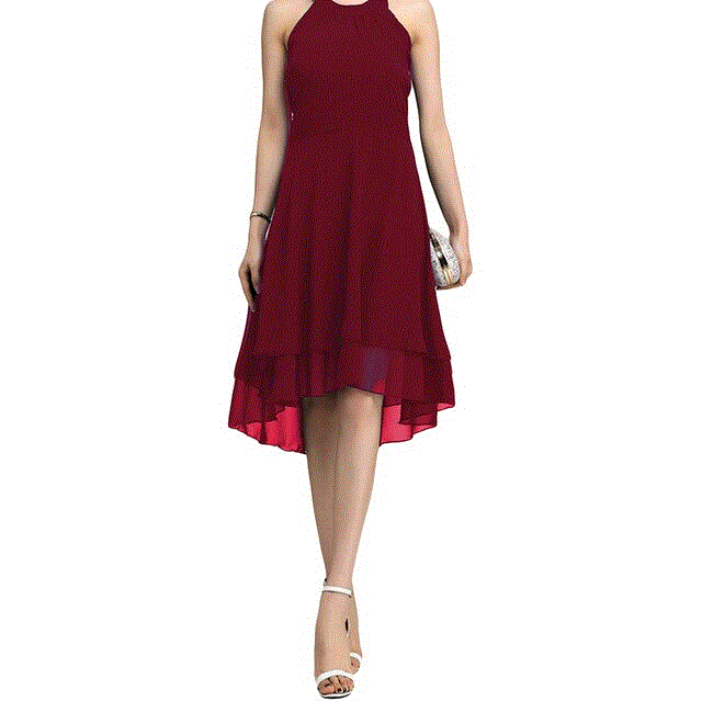 2021 High quality Summer Dress Fashion Sexy Women Solid Color Halter Layered Back Cutout Sleeveless Midi Dress