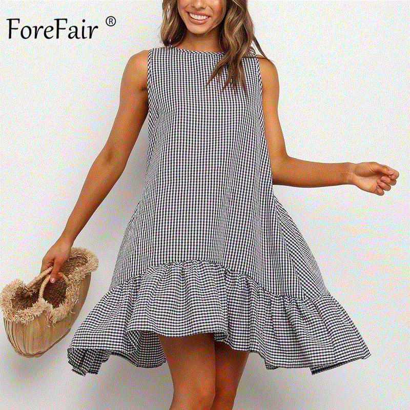 2021 High quality Casual Summer Boho Dress Plaid O Neck Off Shoulder Sundress Loose Plus Size Ruffle Women Beach Dress