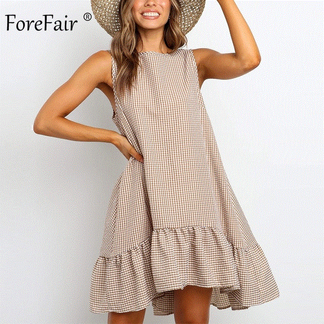 2021 High quality Casual Summer Boho Dress Plaid O Neck Off Shoulder Sundress Loose Plus Size Ruffle Women Beach Dress