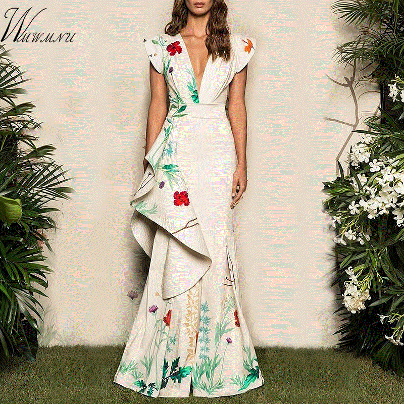 2021 High quality Vintage Party Night Trumpet Dress for Women Elegant Bohemian V-neck Ruffles Summer Maxi Dresses